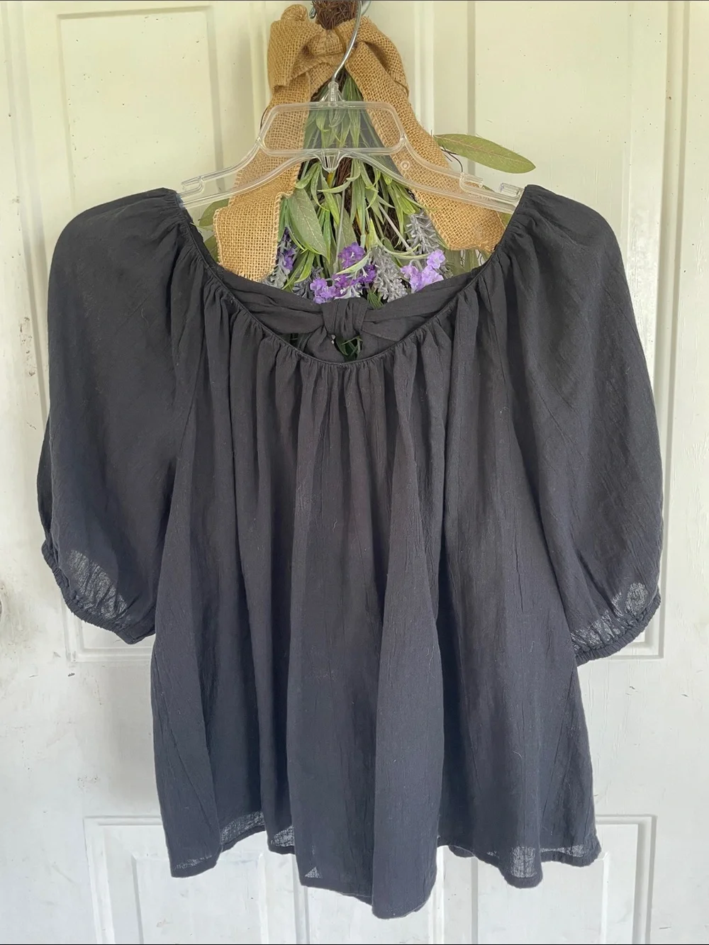 Old Navy Black Gathered Peasant Top with Puff Sleeves
